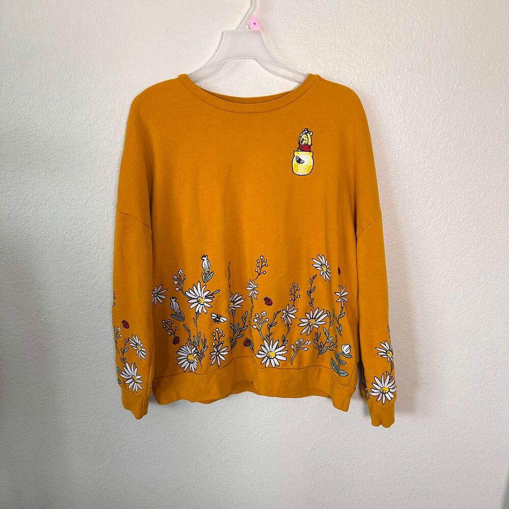 Disney Winnie the Pooh Embroidered Wildflower Sweatshirt Yellow Daisy Honey Pot